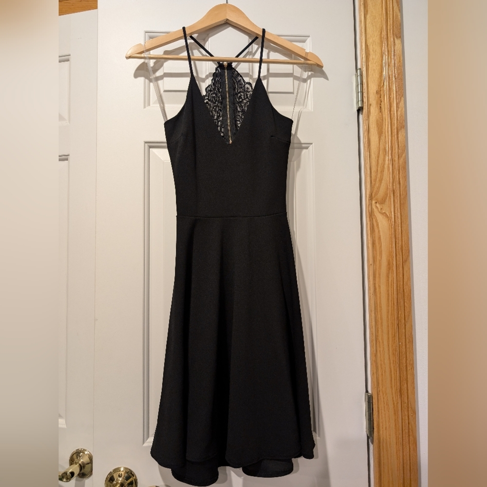Blue S - Black Spaghetti Strapped Dress with Lace and Back Cutout - Small (S)